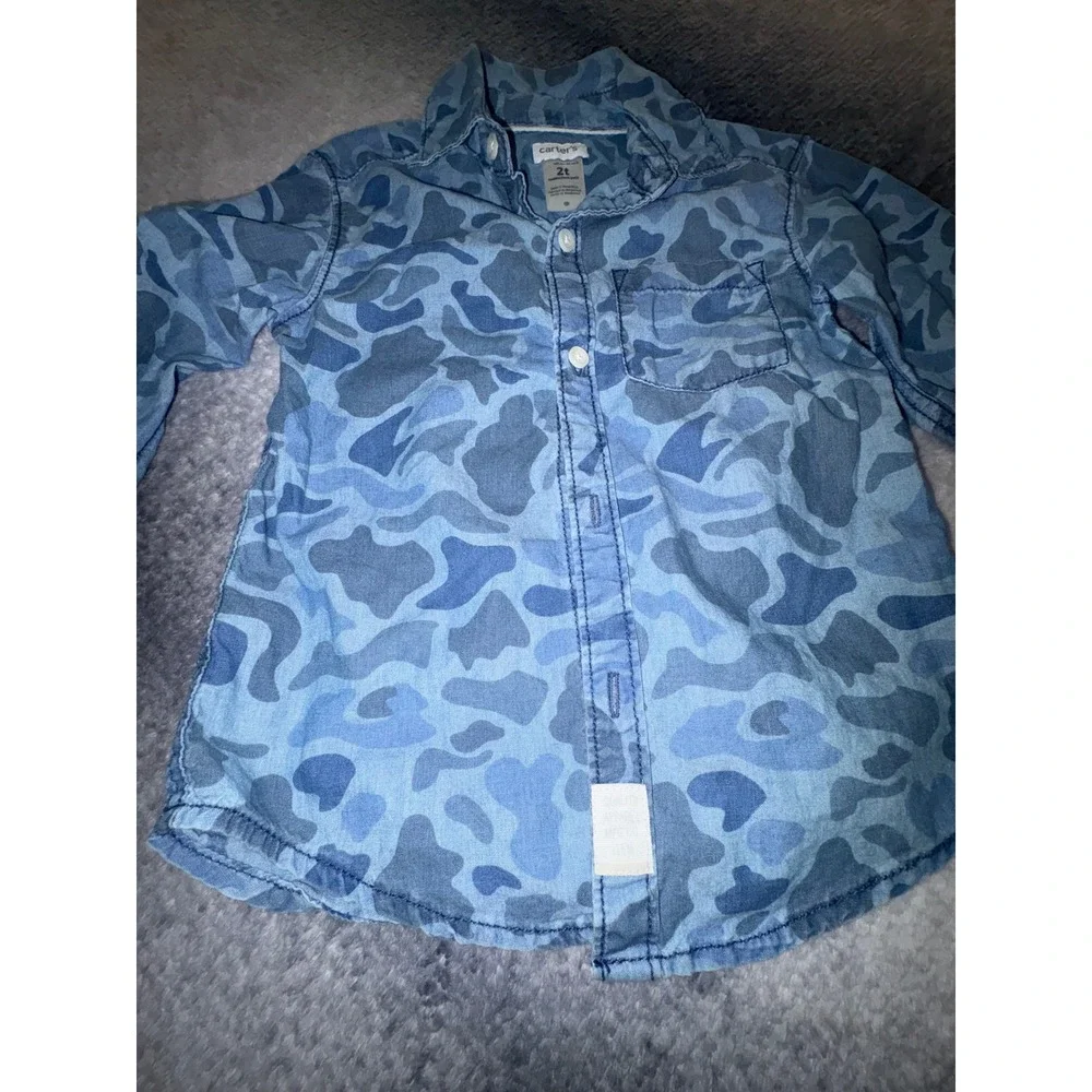 (S2) Carters Toddler Boys Blue Camo Camouflage‎ Long Sleeve Button Down Shirt 2T